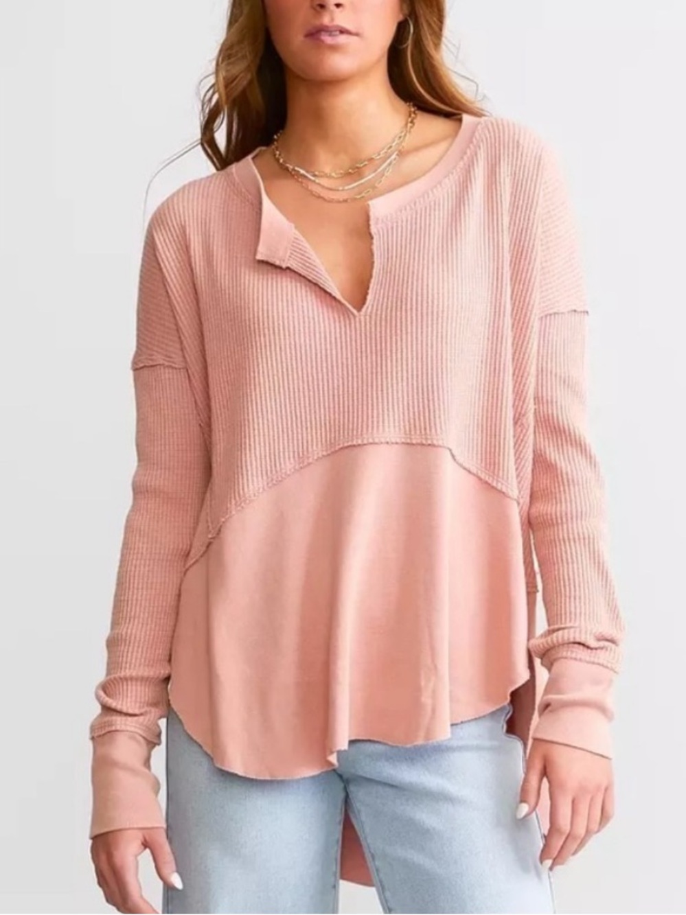 NWT Free People Monterey Pieced Waffle Knit Tunic Top Rose Pink Small S